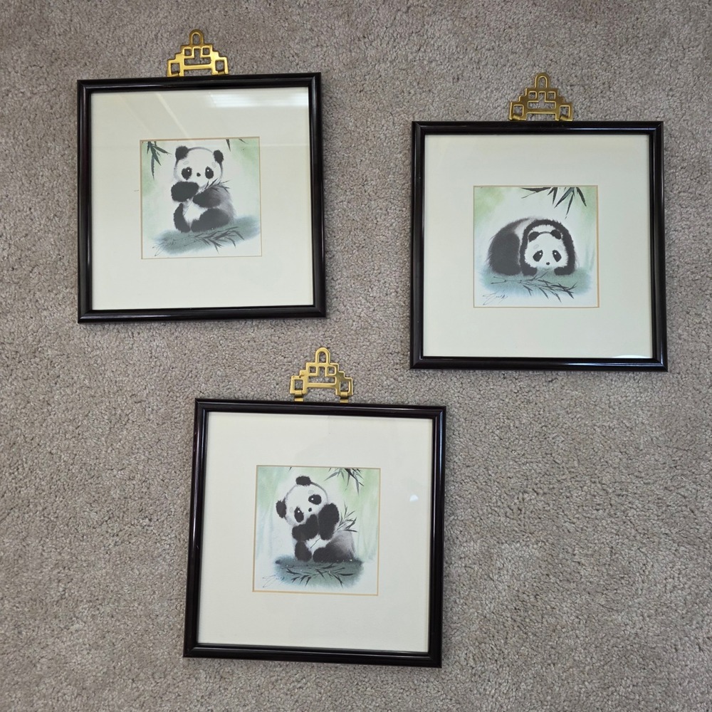 Vintage Set of 3 Framed Panda Prints Chinoiserie Brass Pagoda Hanger 8x8 zoocore